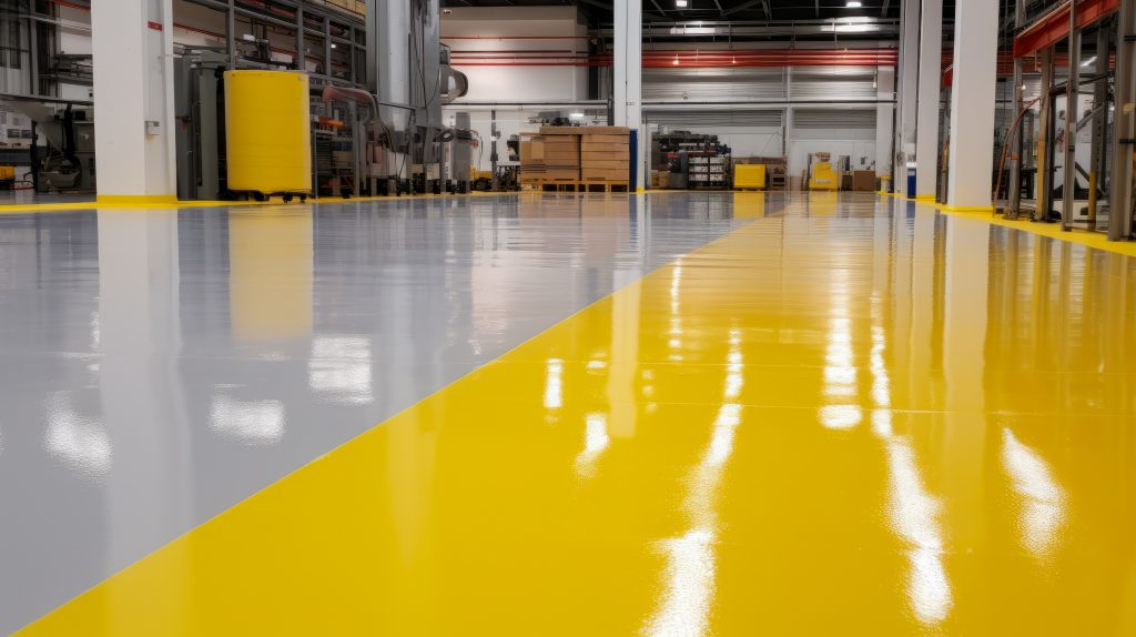 new shiny epoxy resin floor in a large, brightly lit room. office, warehouse, production workshop after renovation.